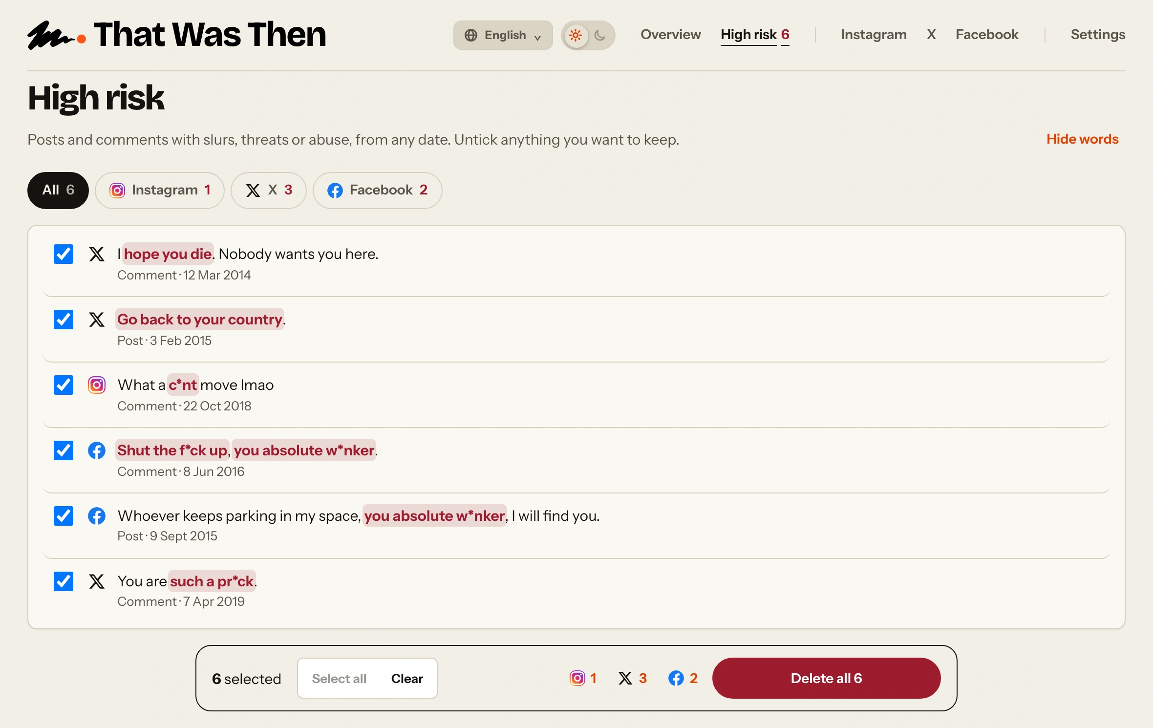 Example high risk review with highlighted phrases and item selection controls